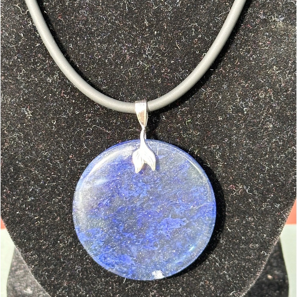 Blueberry Quartz Disc pendant .925 Sterling silver bail clasp black cord